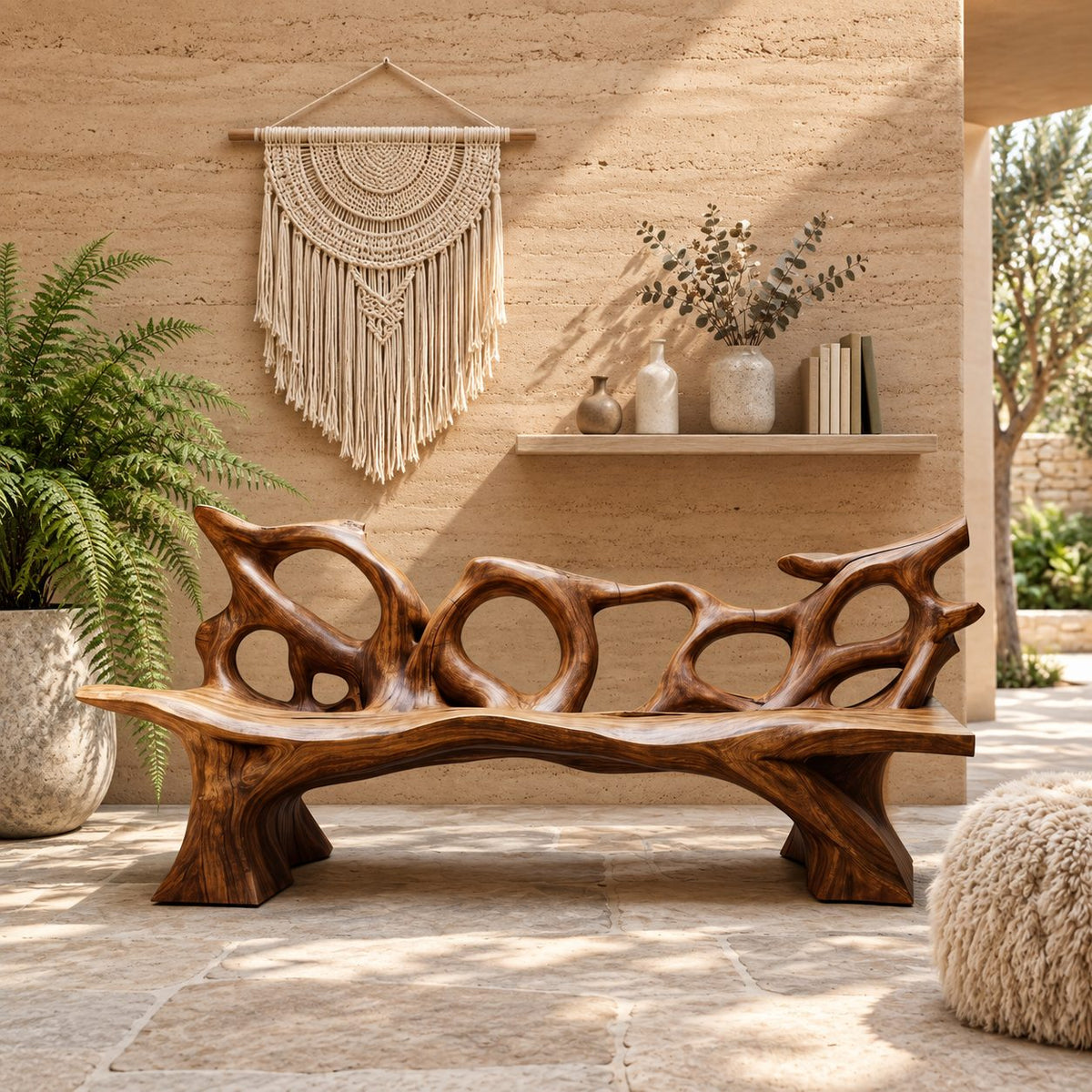Tangled Root Loop Bench, Carved Branch Style Solid Wood Bench with Open Looping Backrest