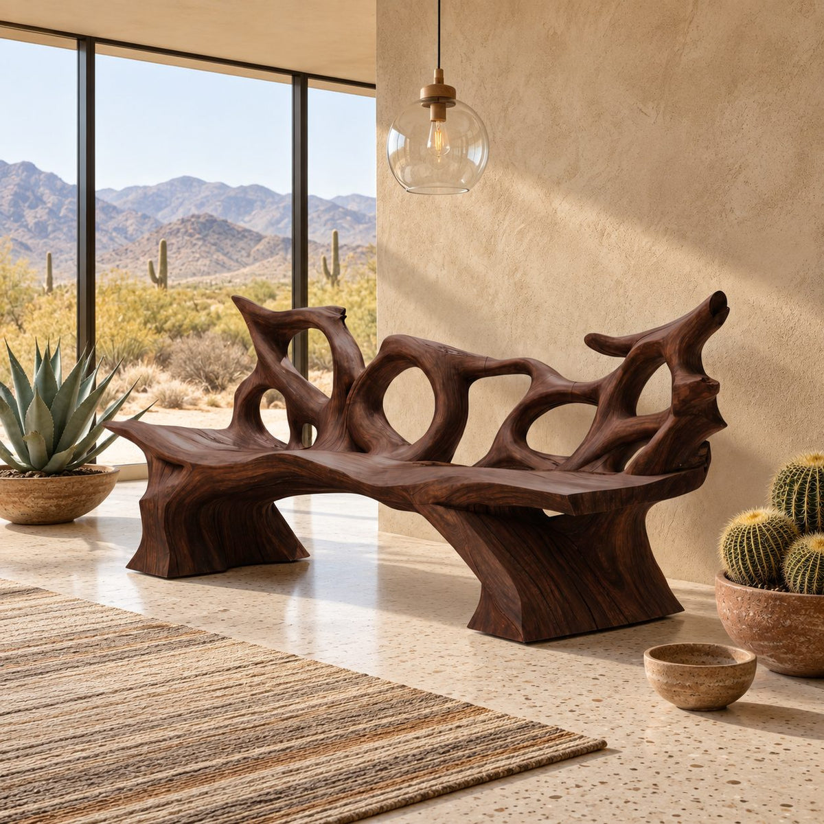 Tangled Root Loop Bench, Carved Branch Style Solid Wood Bench with Open Looping Backrest