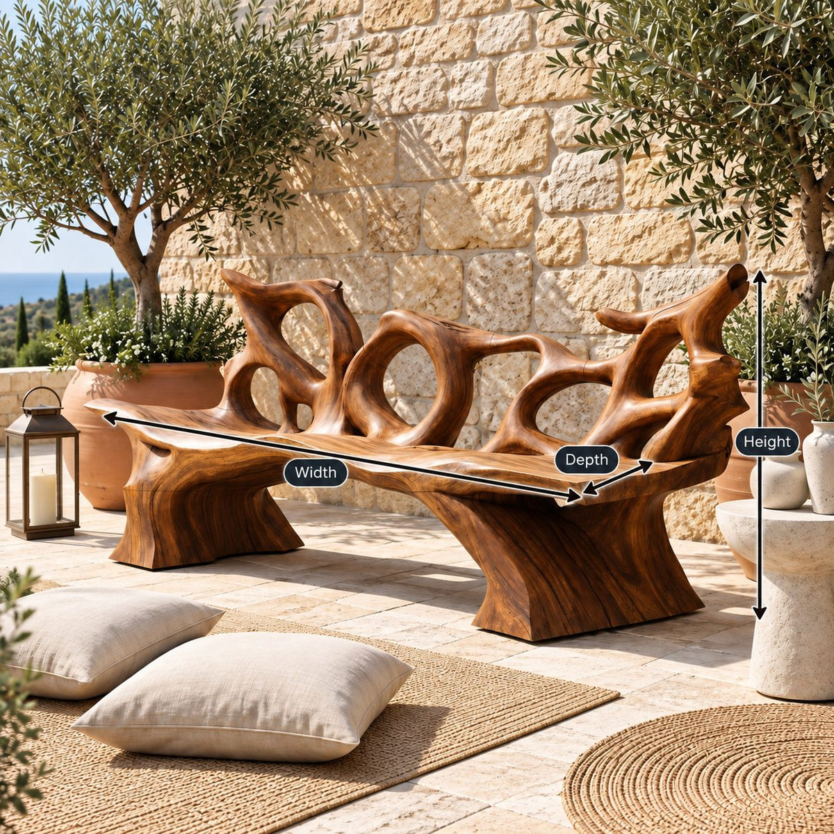 Tangled Root Loop Bench, Carved Branch Style Solid Wood Bench with Open Looping Backrest