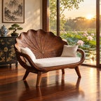 Lotus Leaf Backrest Loveseat Bench, Carved Solid Wood Settee Frame with Curved Arms for Sunroom