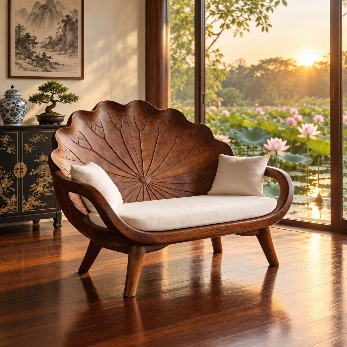 Lotus Leaf Backrest Loveseat Bench, Carved Solid Wood Settee Frame with Curved Arms for Sunroom