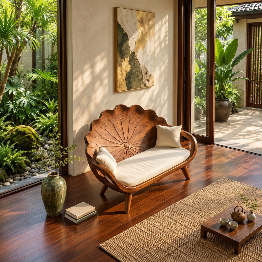 Lotus Leaf Backrest Loveseat Bench, Carved Solid Wood Settee Frame with Curved Arms for Sunroom