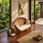 Lotus Leaf Backrest Loveseat Bench, Carved Solid Wood Settee Frame with Curved Arms for Sunroom