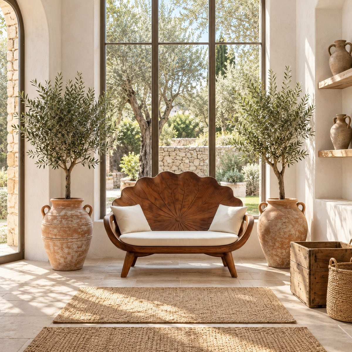 Lotus Leaf Backrest Loveseat Bench, Carved Solid Wood Settee Frame with Curved Arms for Sunroom