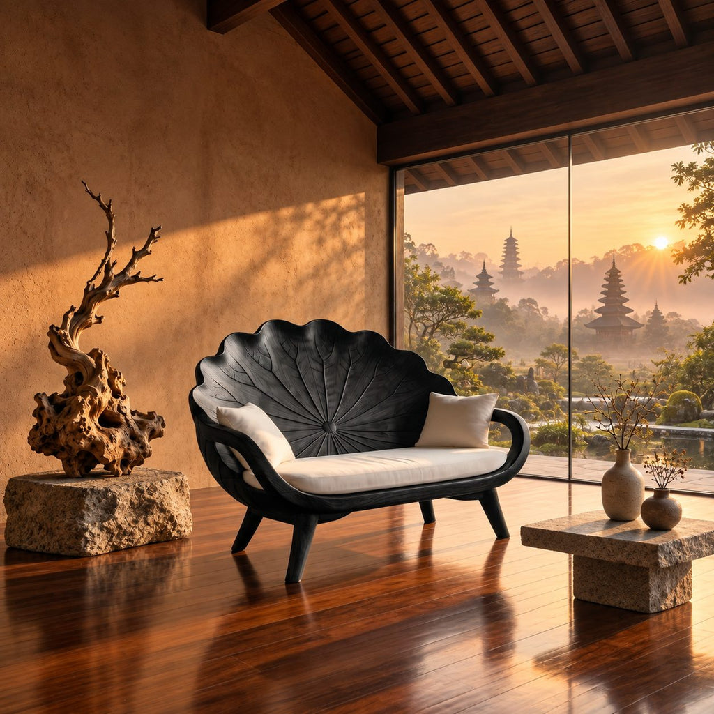 Lotus Leaf Backrest Loveseat Bench, Carved Solid Wood Settee Frame with Curved Arms for Sunroom