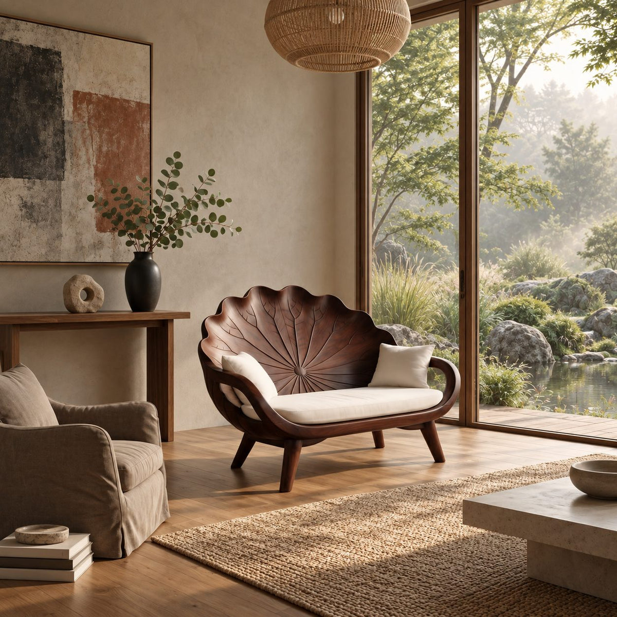 Lotus Leaf Backrest Loveseat Bench, Carved Solid Wood Settee Frame with Curved Arms for Sunroom