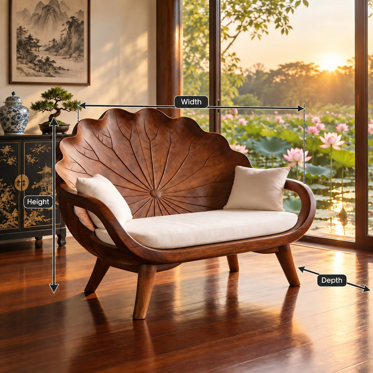 Lotus Leaf Backrest Loveseat Bench, Carved Solid Wood Settee Frame with Curved Arms for Sunroom
