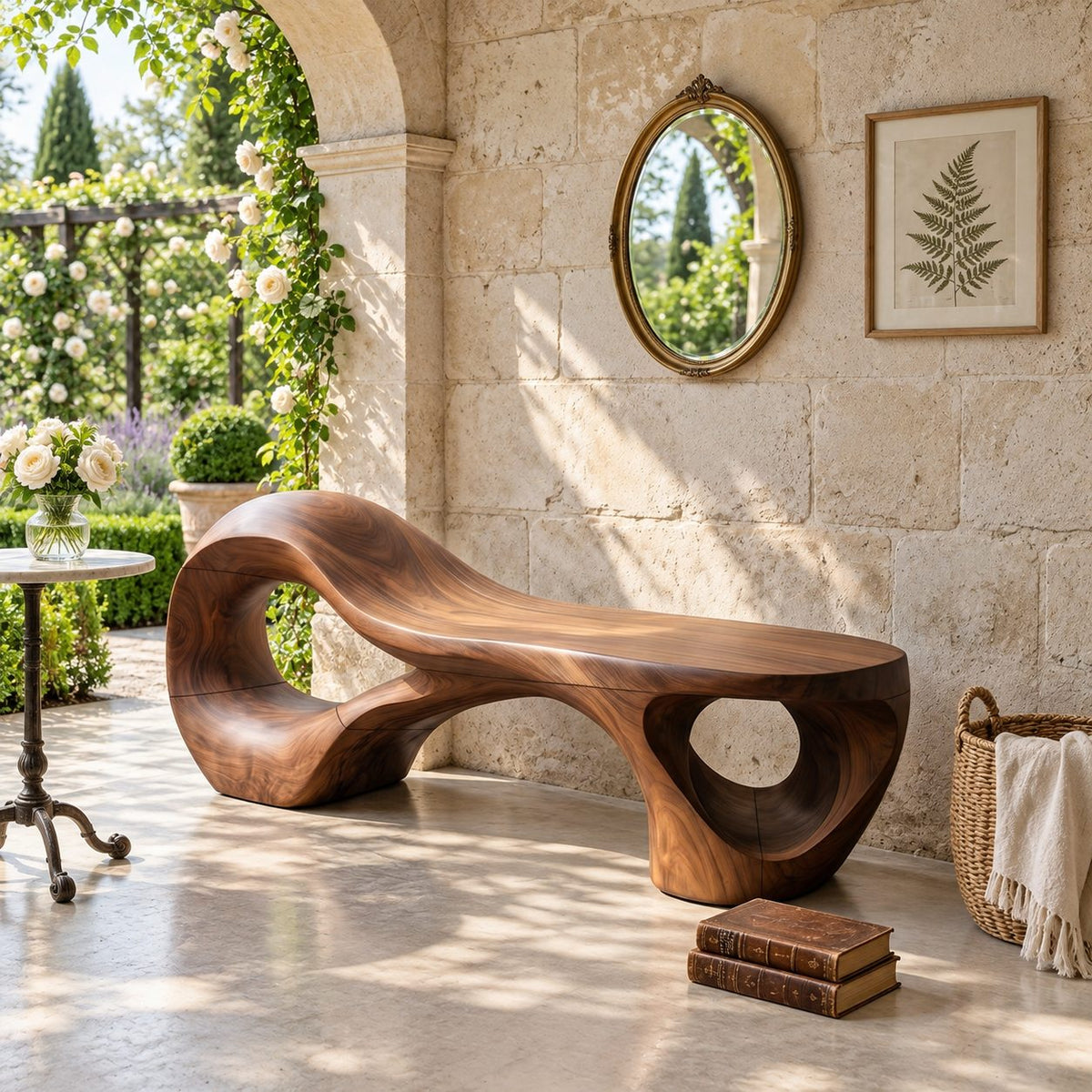 Rising Chaise Loop Bench, Sculptural Solid Wood Bench with Round Cutout Base for Bedroom or Patio