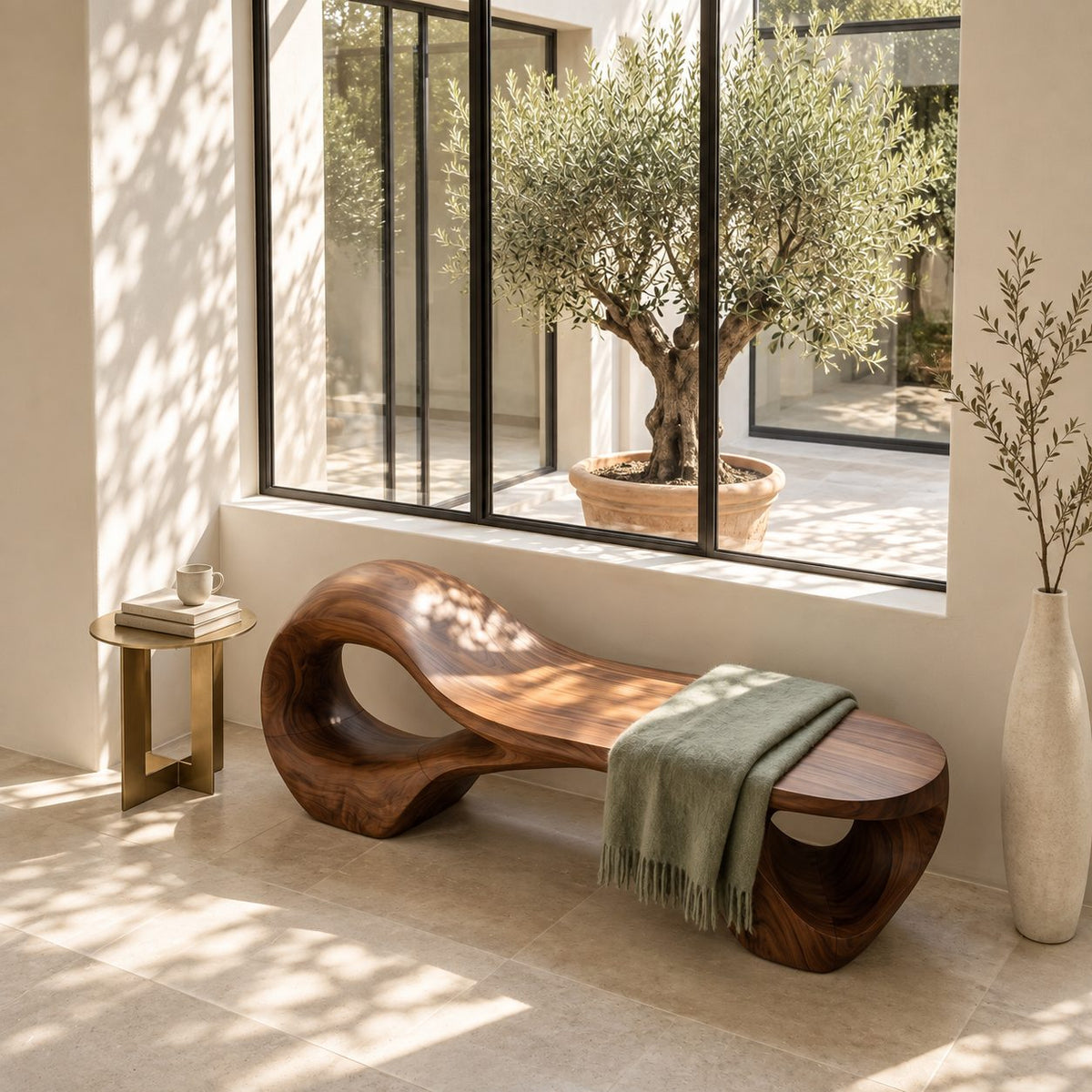 Rising Chaise Loop Bench, Sculptural Solid Wood Bench with Round Cutout Base for Bedroom or Patio