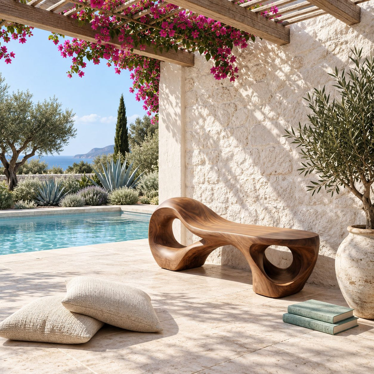 Rising Chaise Loop Bench, Sculptural Solid Wood Bench with Round Cutout Base for Bedroom or Patio