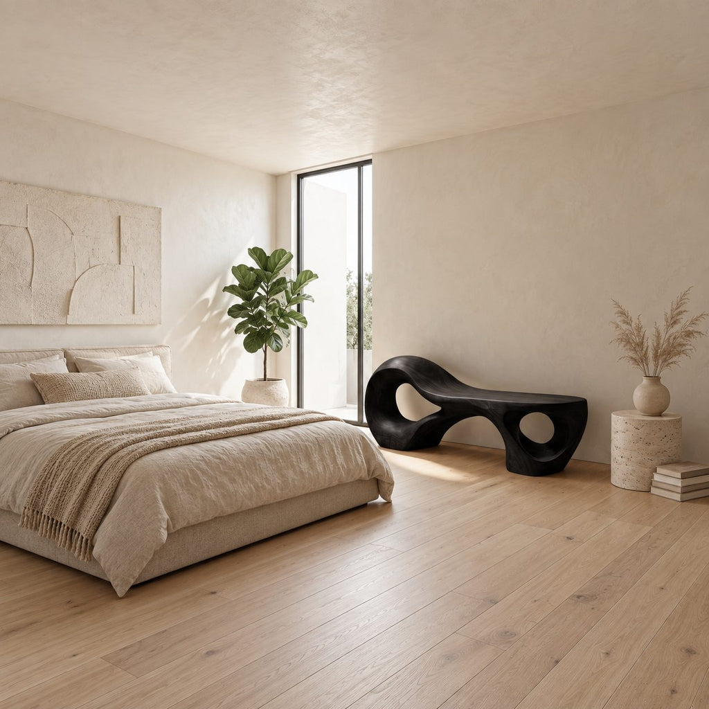 Rising Chaise Loop Bench, Sculptural Solid Wood Bench with Round Cutout Base for Bedroom or Patio