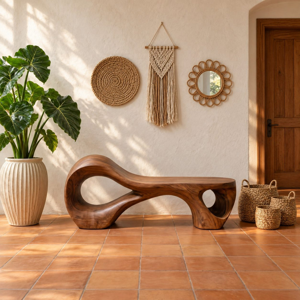 Rising Chaise Loop Bench, Sculptural Solid Wood Bench with Round Cutout Base for Bedroom or Patio