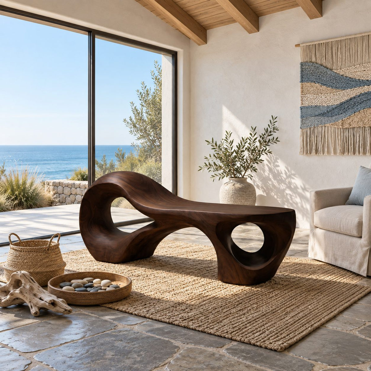 Rising Chaise Loop Bench, Sculptural Solid Wood Bench with Round Cutout Base for Bedroom or Patio