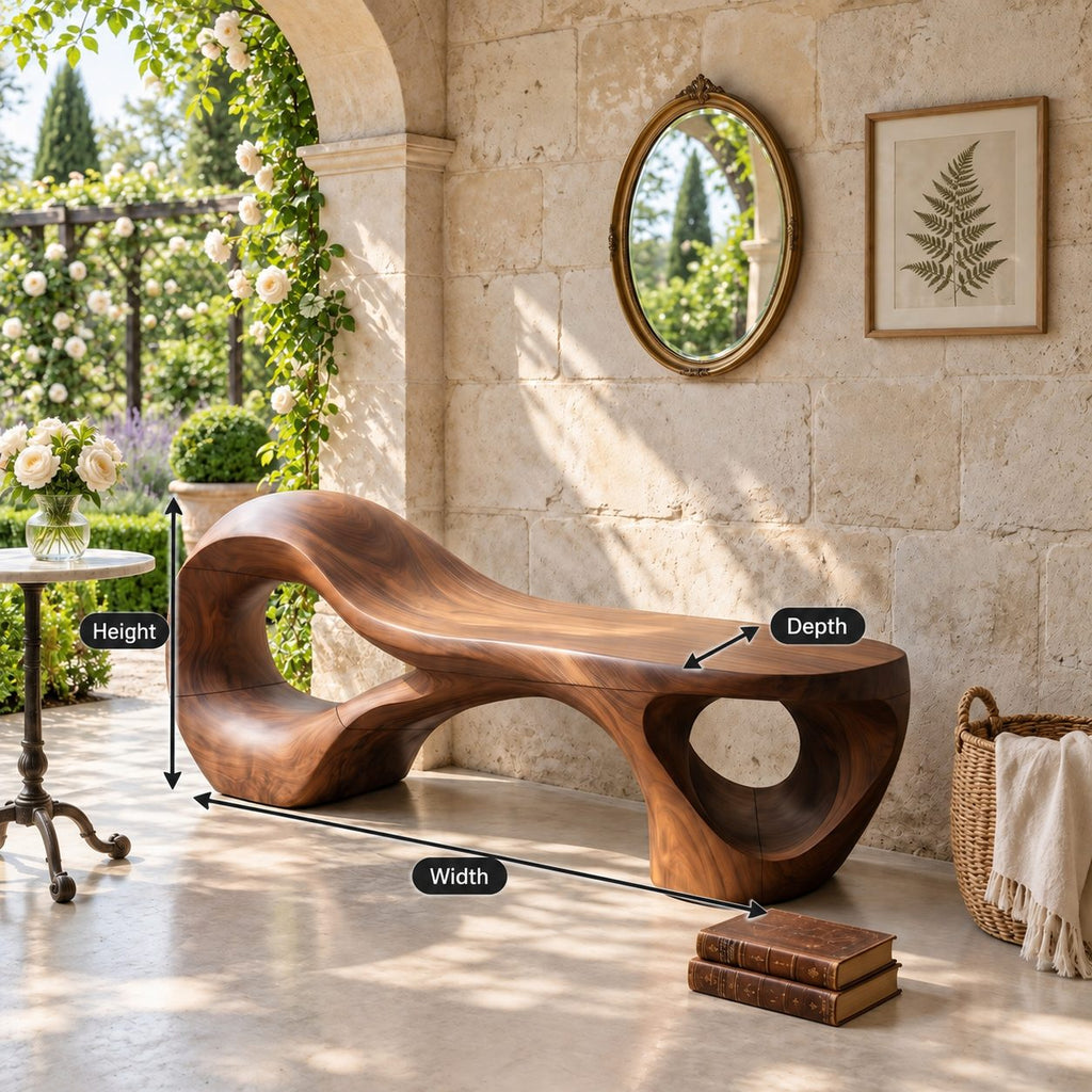 Rising Chaise Loop Bench, Sculptural Solid Wood Bench with Round Cutout Base for Bedroom or Patio