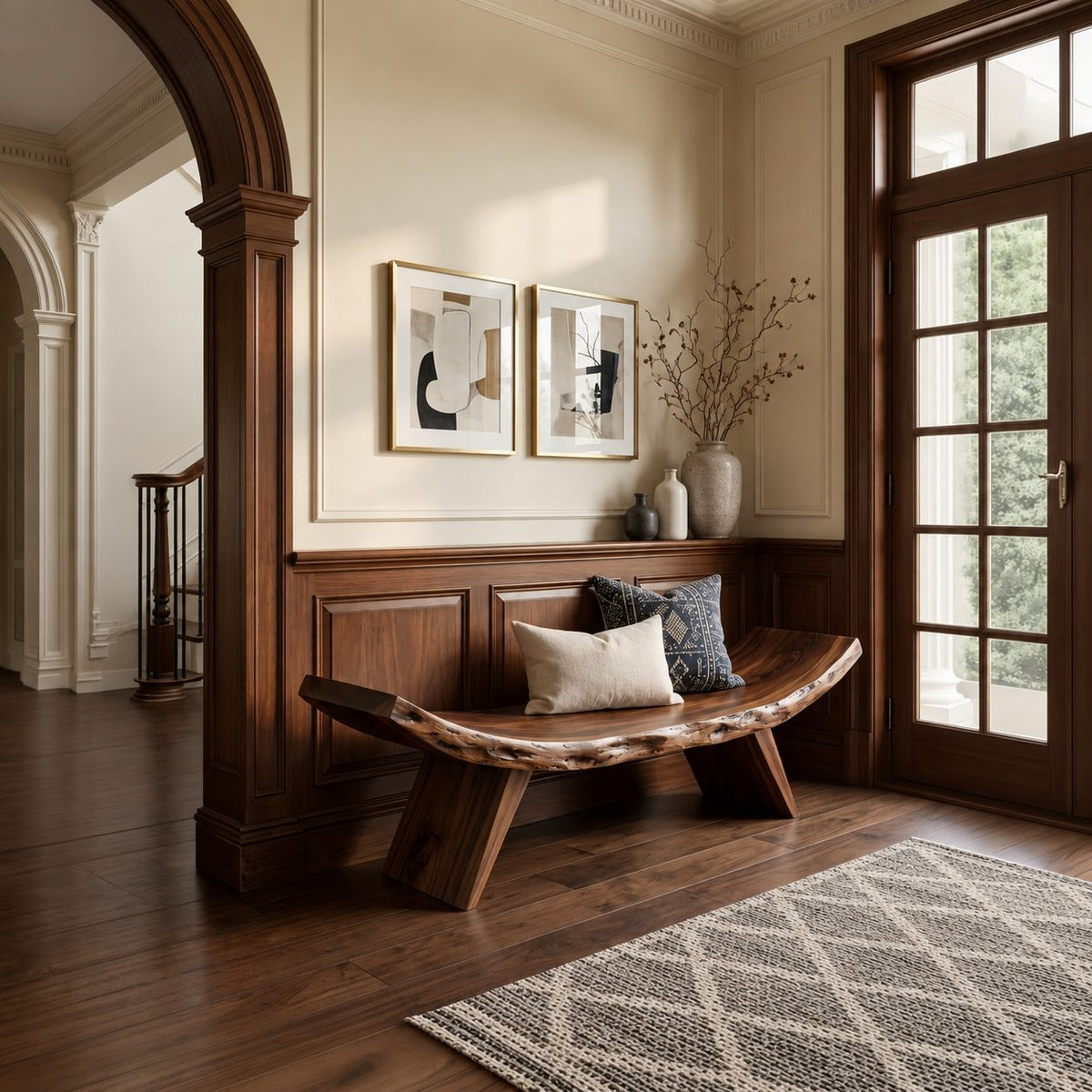 Crescent Curve Live Edge Bench, Rustic Solid Wood Slab Bench on Angled Splayed Legs for Entryway