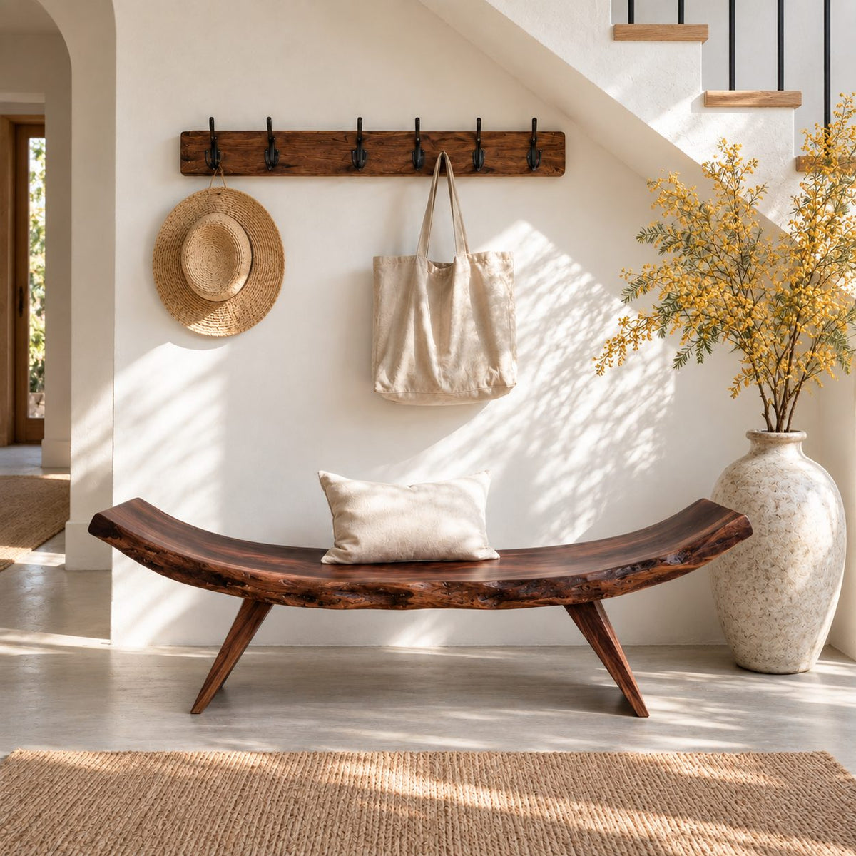 Crescent Curve Live Edge Bench, Rustic Solid Wood Slab Bench on Angled Splayed Legs for Entryway