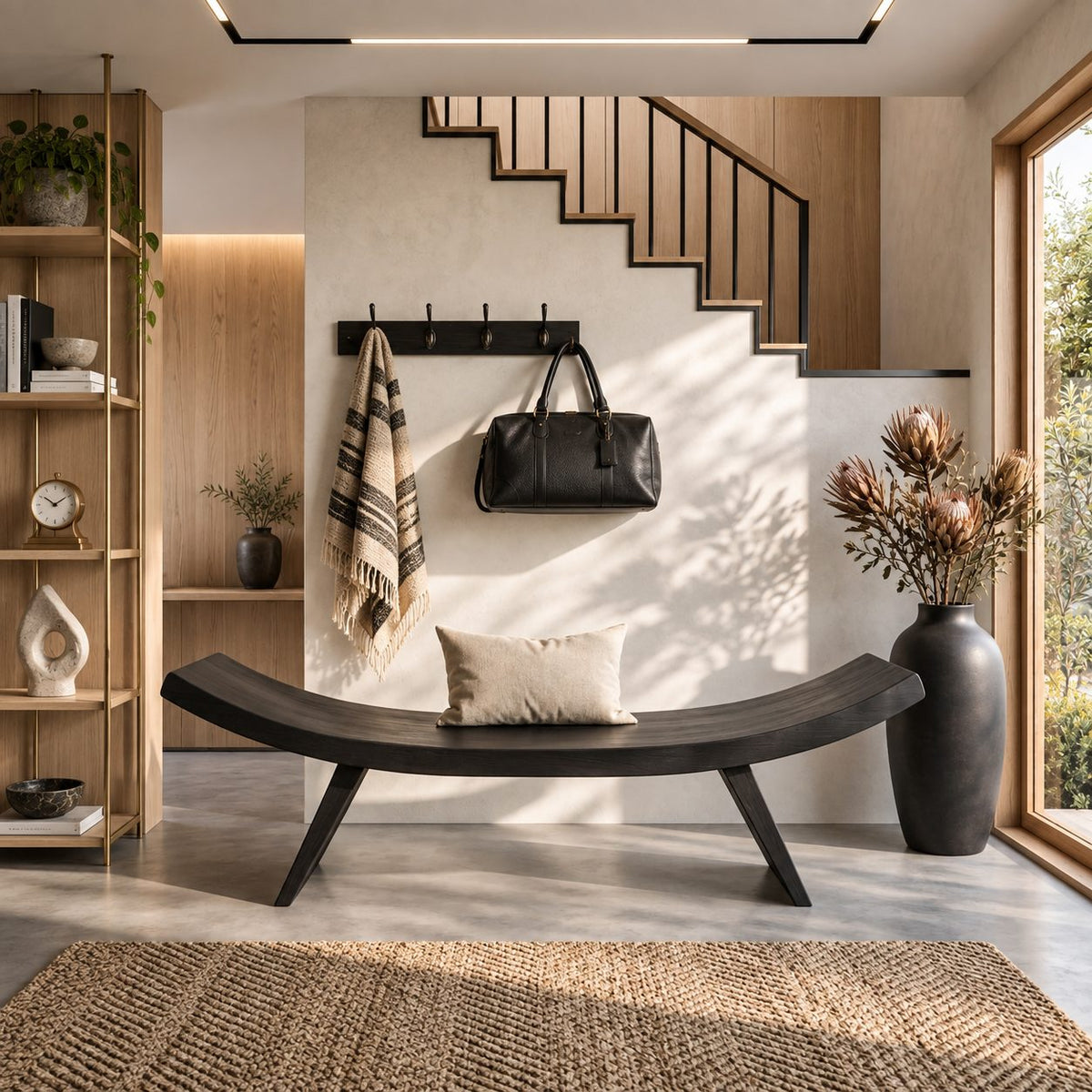 Crescent Curve Live Edge Bench, Rustic Solid Wood Slab Bench on Angled Splayed Legs for Entryway