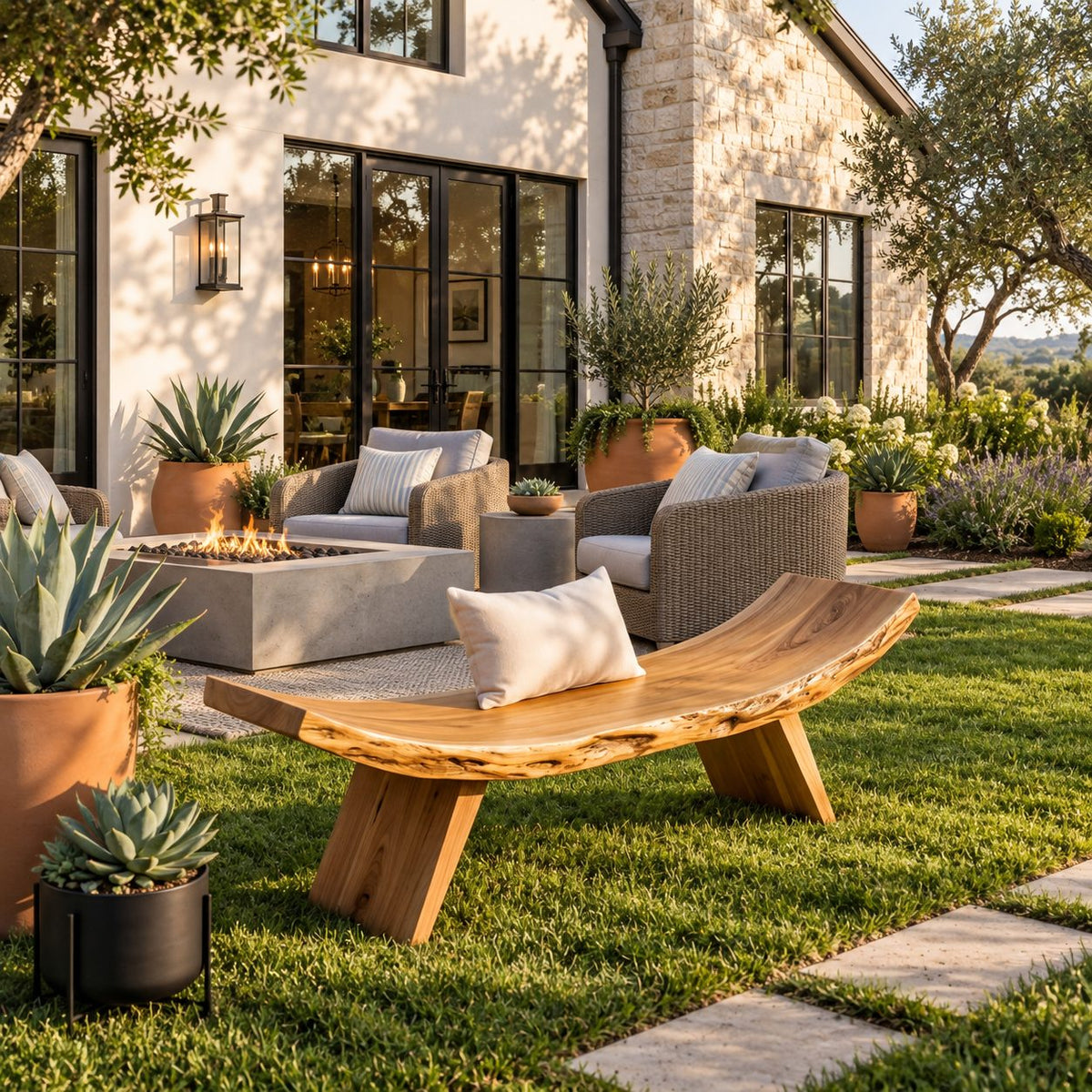 Crescent Curve Live Edge Bench, Rustic Solid Wood Slab Bench on Angled Splayed Legs for Entryway