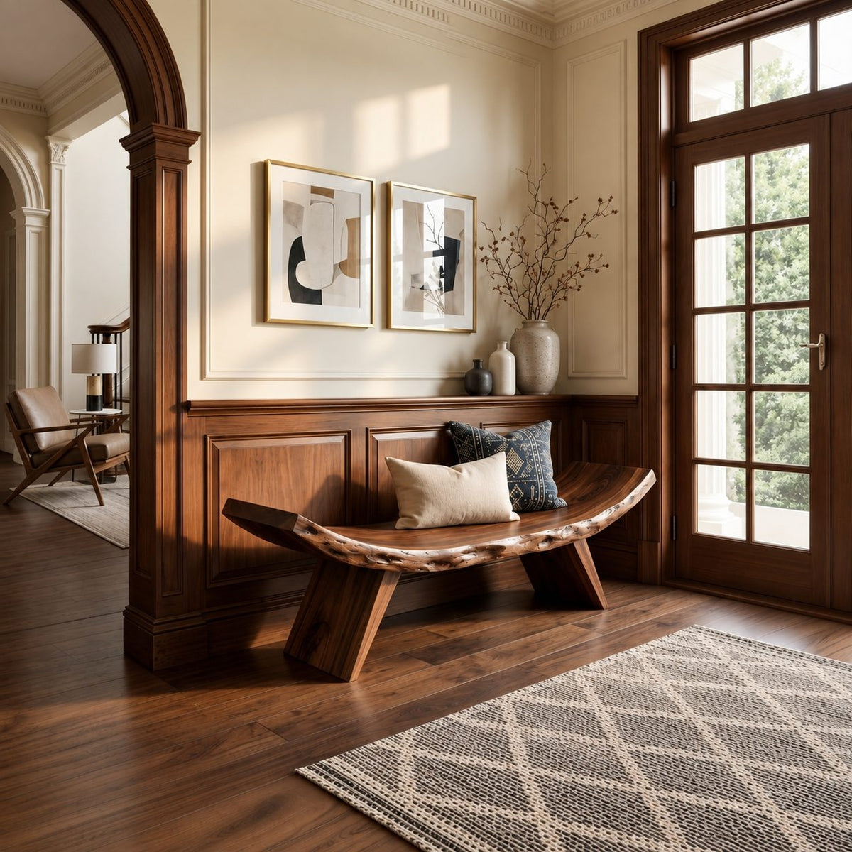 Crescent Curve Live Edge Bench, Rustic Solid Wood Slab Bench on Angled Splayed Legs for Entryway