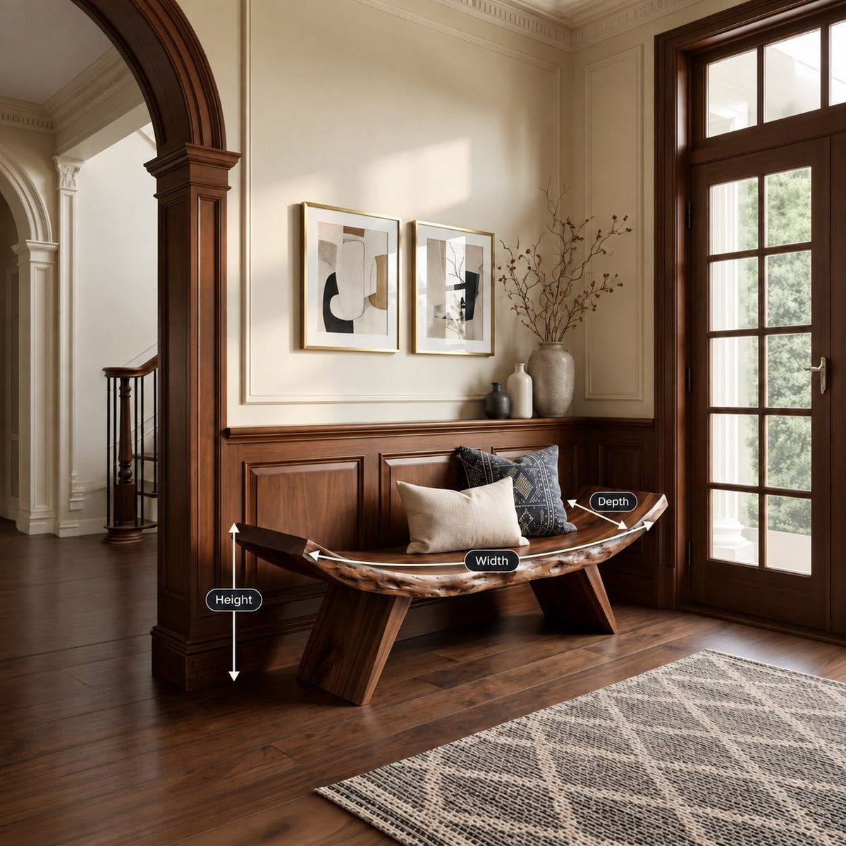 Crescent Curve Live Edge Bench, Rustic Solid Wood Slab Bench on Angled Splayed Legs for Entryway