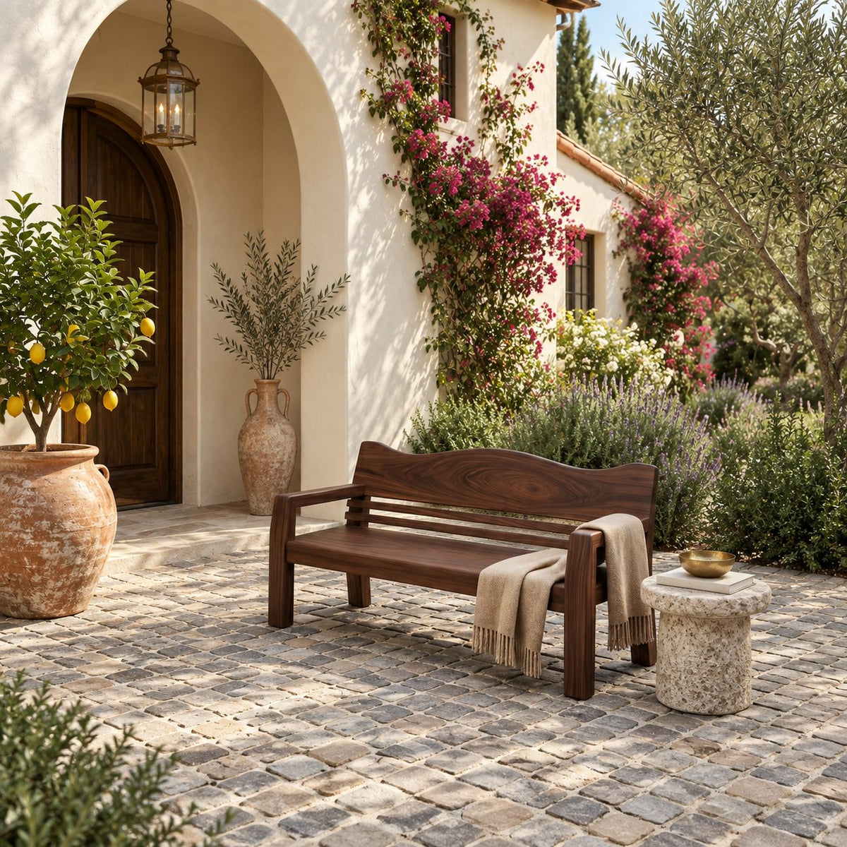 Slatted Garden Bench with Curved Backrest and Arms, Heavy Solid Wood Porch, Patio and Entry Bench