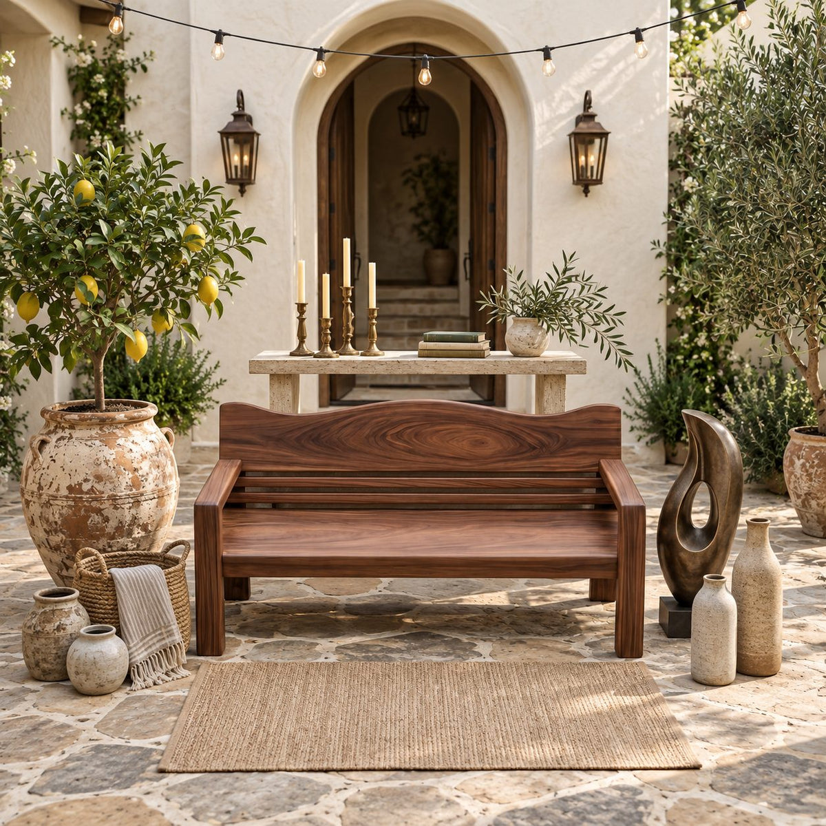 Slatted Garden Bench with Curved Backrest and Arms, Heavy Solid Wood Porch, Patio and Entry Bench