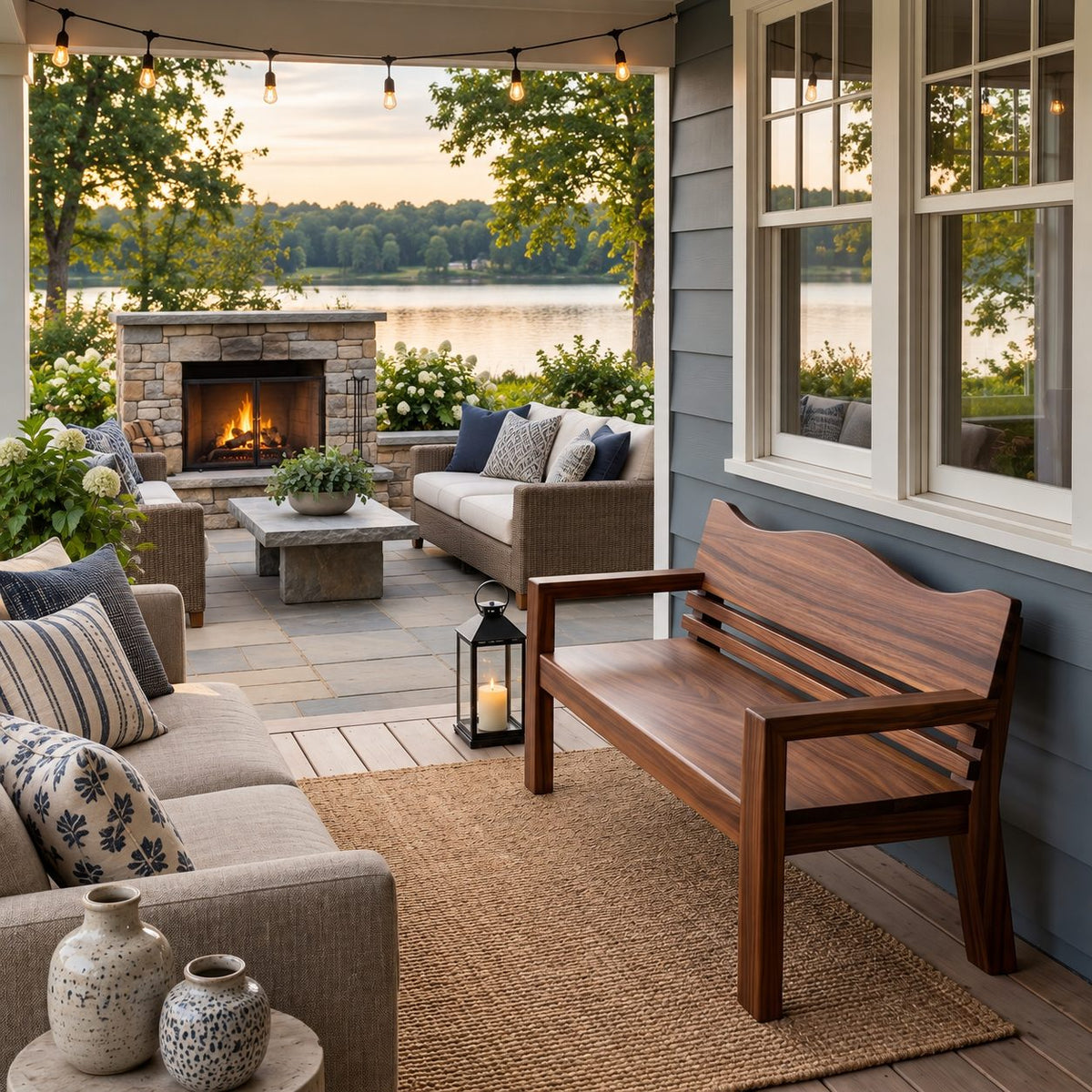 Slatted Garden Bench with Curved Backrest and Arms, Heavy Solid Wood Porch, Patio and Entry Bench
