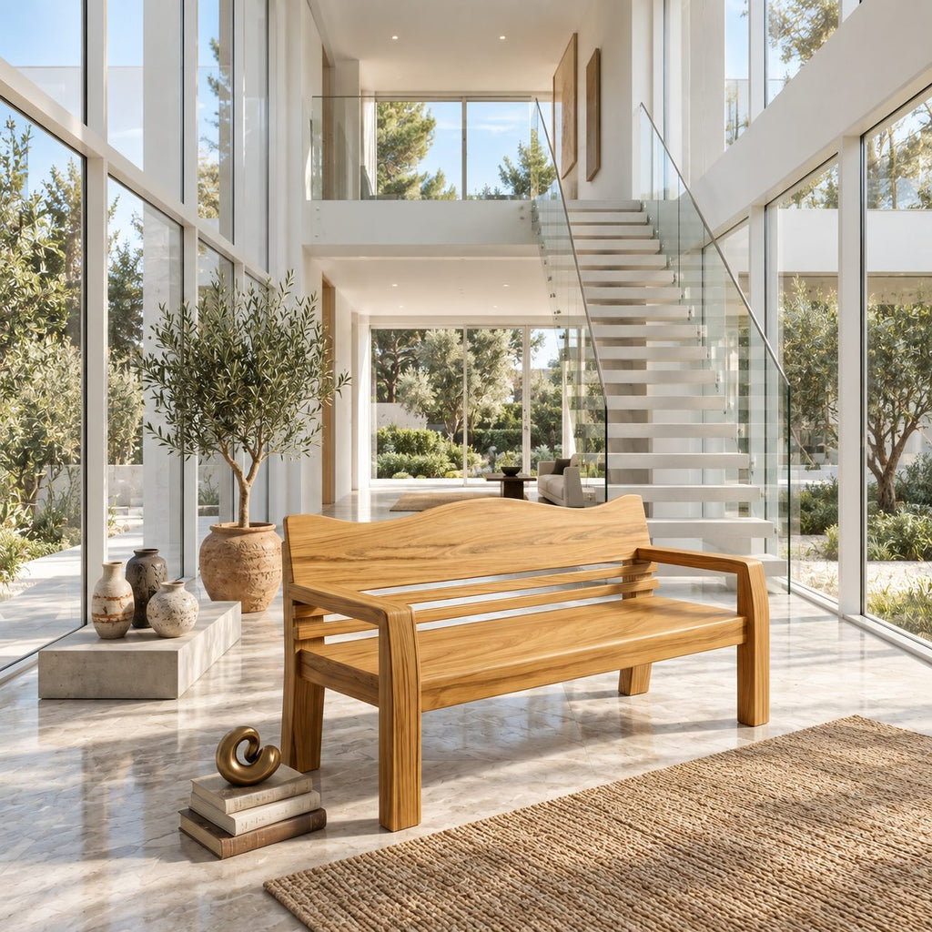 Slatted Garden Bench with Curved Backrest and Arms, Heavy Solid Wood Porch, Patio and Entry Bench
