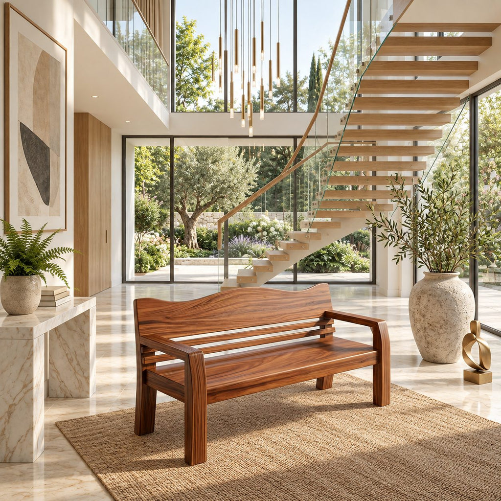 Slatted Garden Bench with Curved Backrest and Arms, Heavy Solid Wood Porch, Patio and Entry Bench