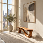 Swooping S Base Sculptural Bench, Modern Solid Wood Slab Bench for Entryway, Hallway or Window Wall
