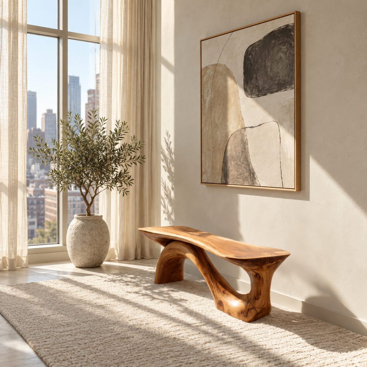 Swooping S Base Sculptural Bench, Modern Solid Wood Slab Bench for Entryway, Hallway or Window Wall