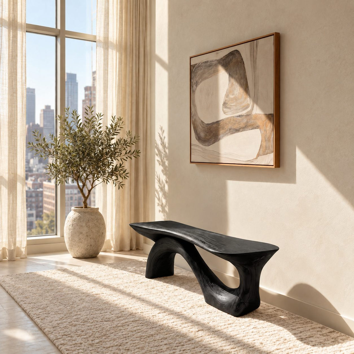 Swooping S Base Sculptural Bench, Modern Solid Wood Slab Bench for Entryway, Hallway or Window Wall