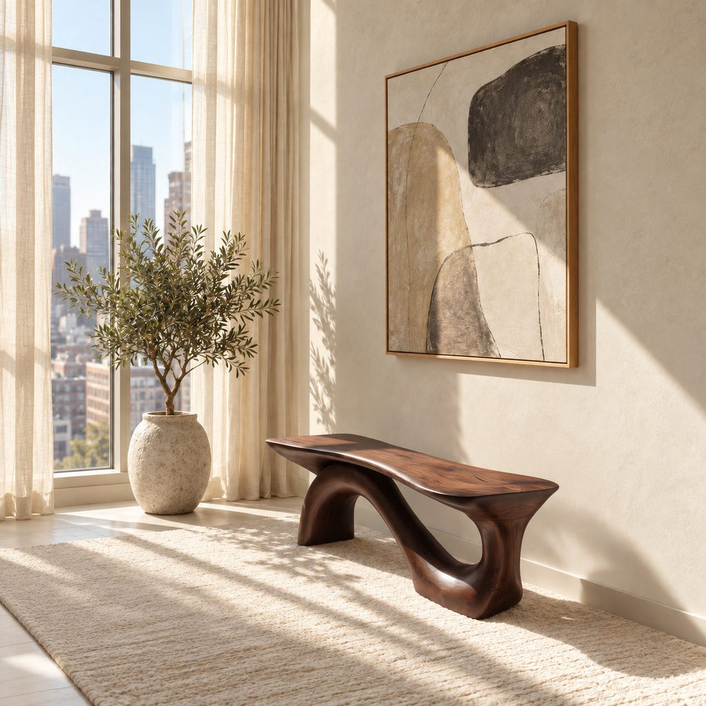 Swooping S Base Sculptural Bench, Modern Solid Wood Slab Bench for Entryway, Hallway or Window Wall