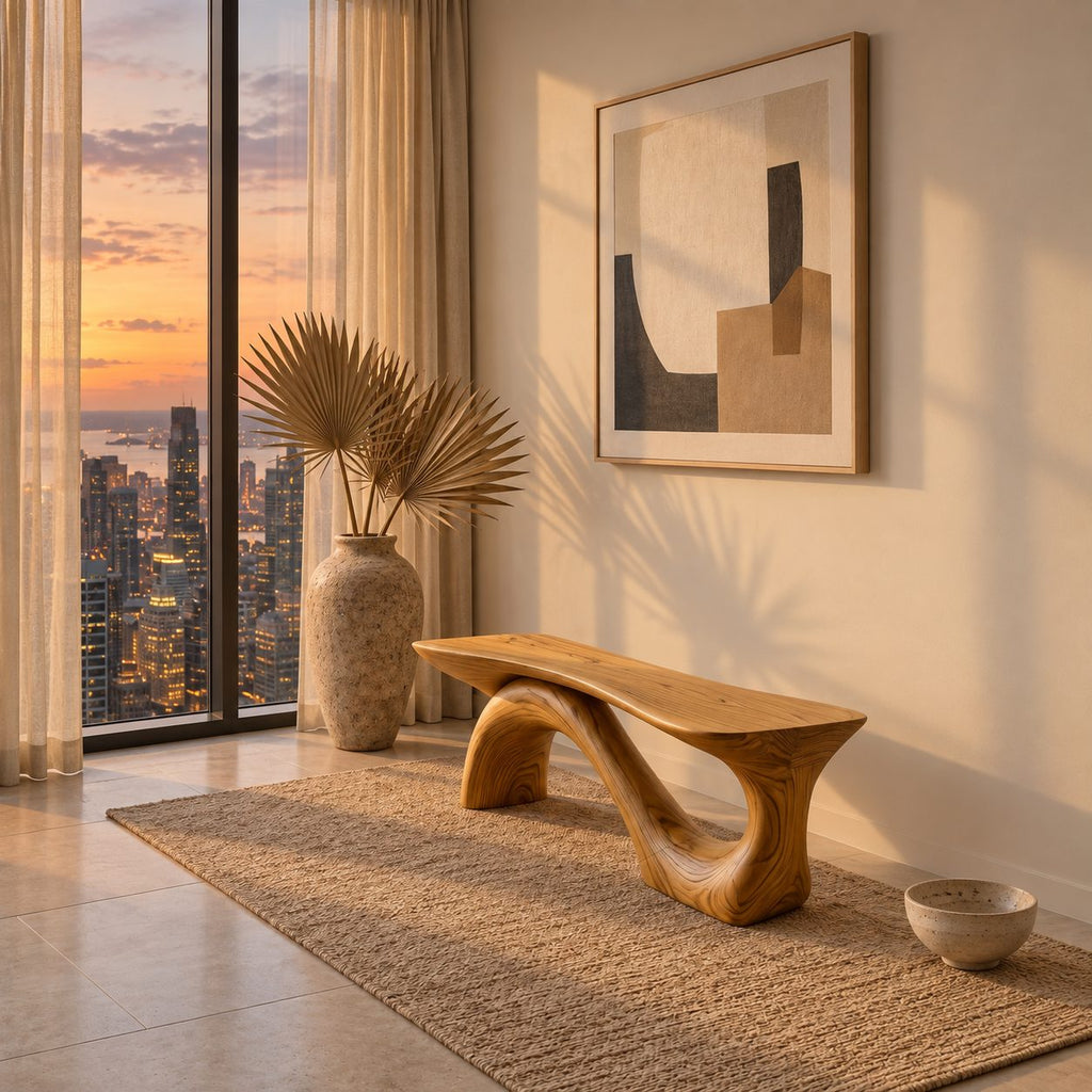 Swooping S Base Sculptural Bench, Modern Solid Wood Slab Bench for Entryway, Hallway or Window Wall