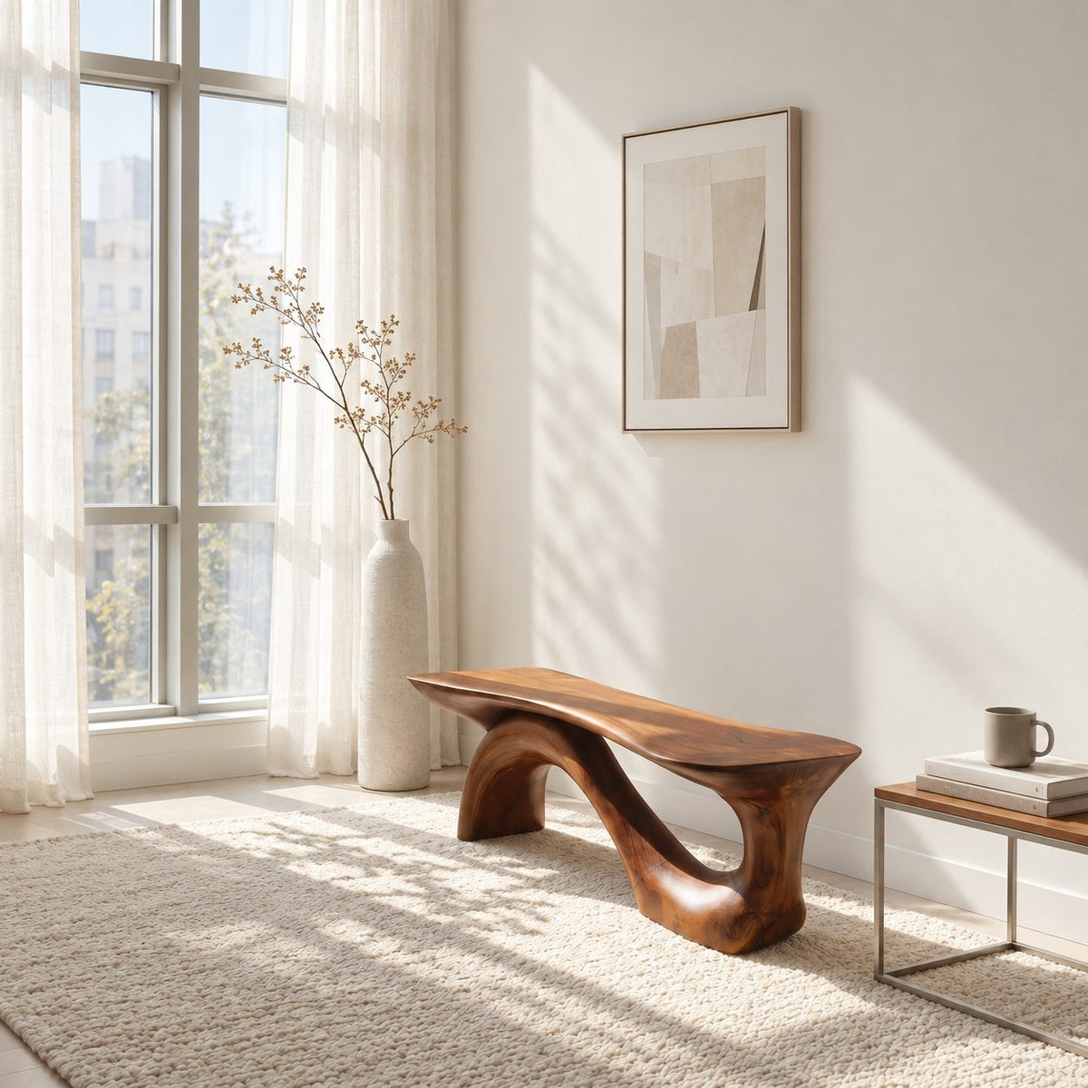 Swooping S Base Sculptural Bench, Modern Solid Wood Slab Bench for Entryway, Hallway or Window Wall