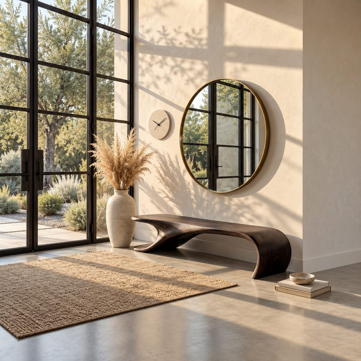 Curled Waterfall Ribbon Bench, Flowing Sculptural Solid Wood End of Bed Bench for Bedroom or Entry