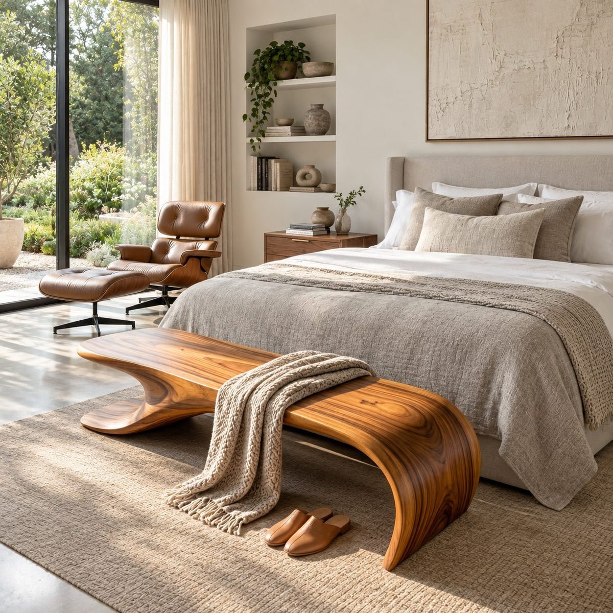 Curled Waterfall Ribbon Bench, Flowing Sculptural Solid Wood End of Bed Bench for Bedroom or Entry