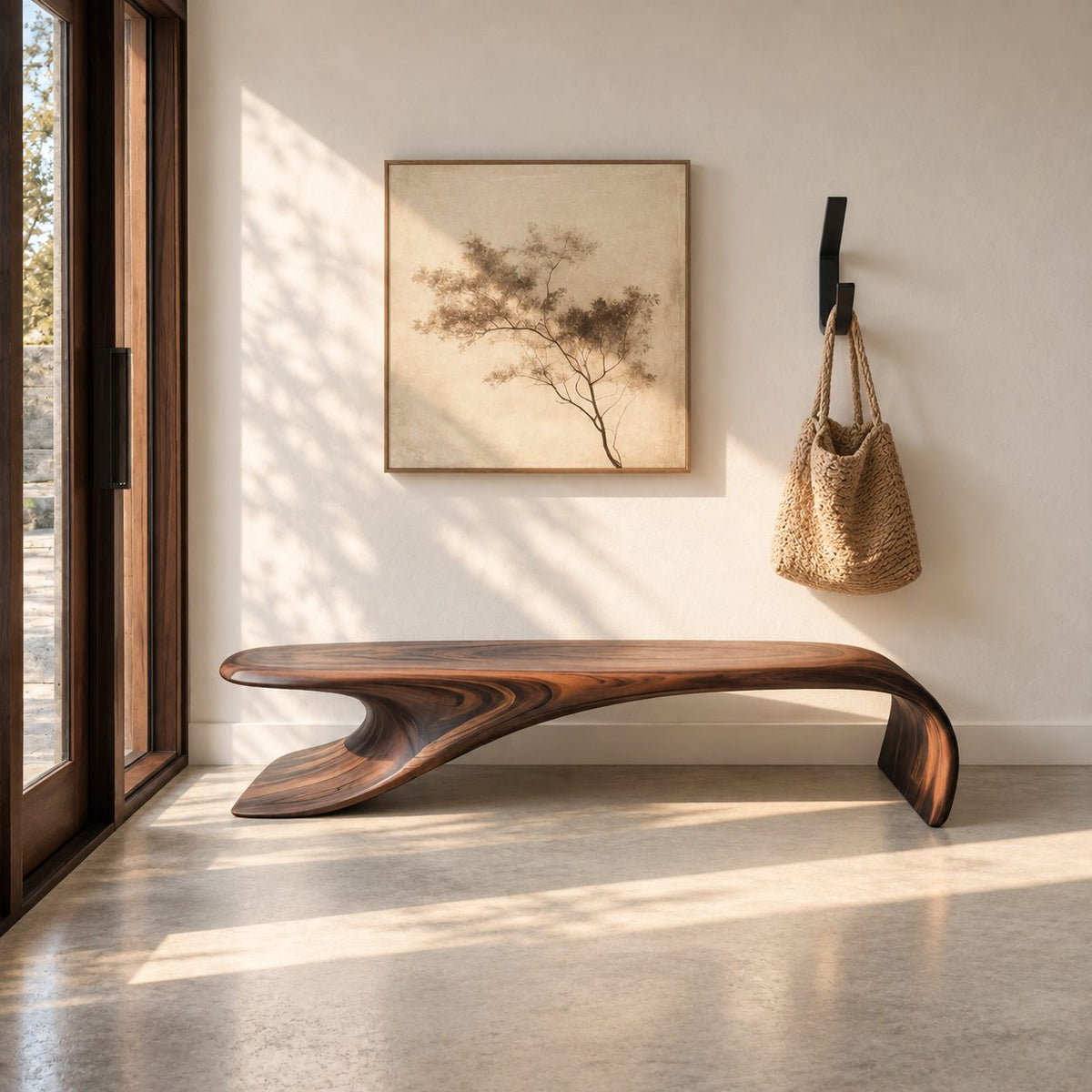 Curled Waterfall Ribbon Bench, Flowing Sculptural Solid Wood End of Bed Bench for Bedroom or Entry