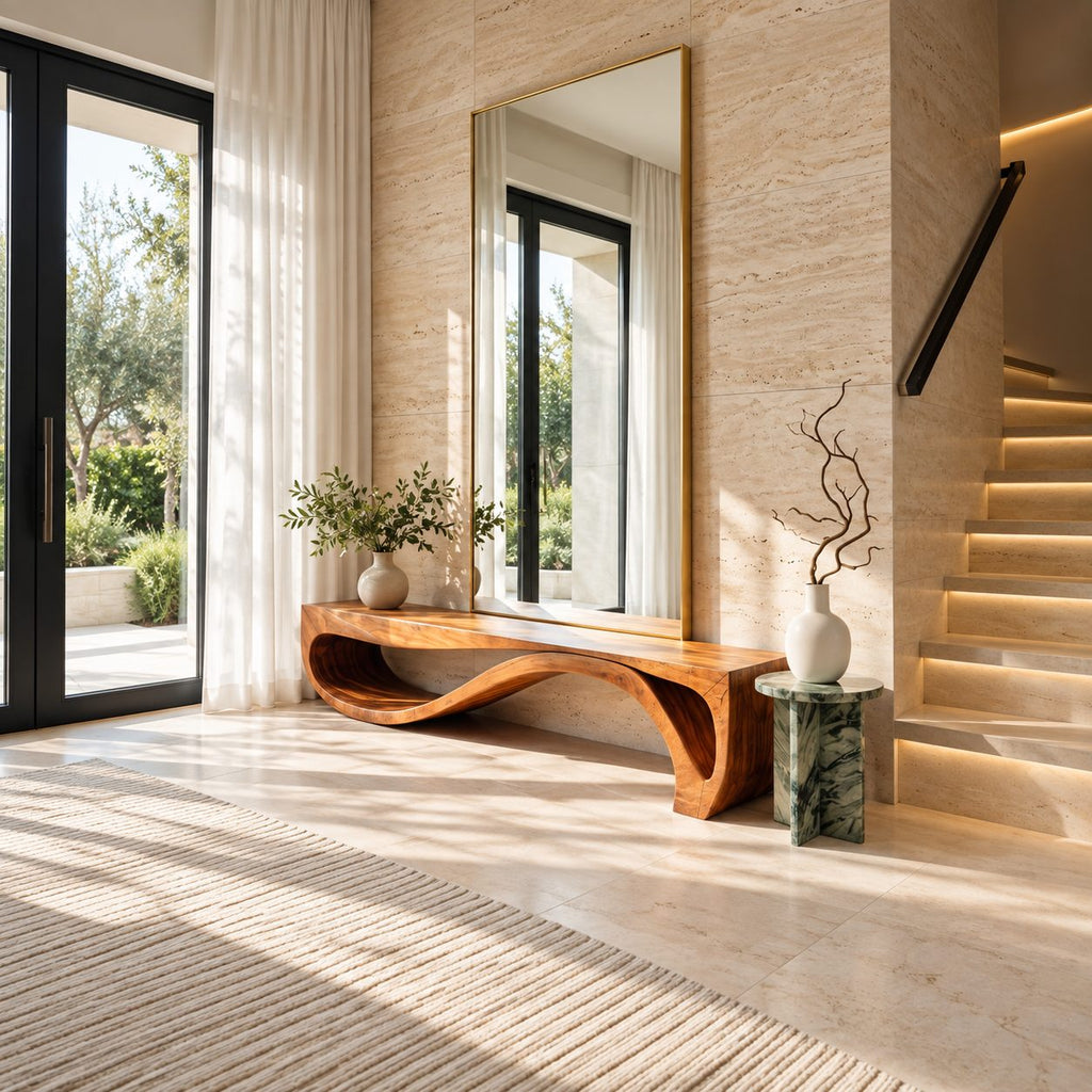 Rolling Wave Ribbon Base Bench, Sculptural Solid Wood Entryway Bench with Undulating Lower Rail