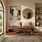 Rolling Wave Ribbon Base Bench, Sculptural Solid Wood Entryway Bench with Undulating Lower Rail