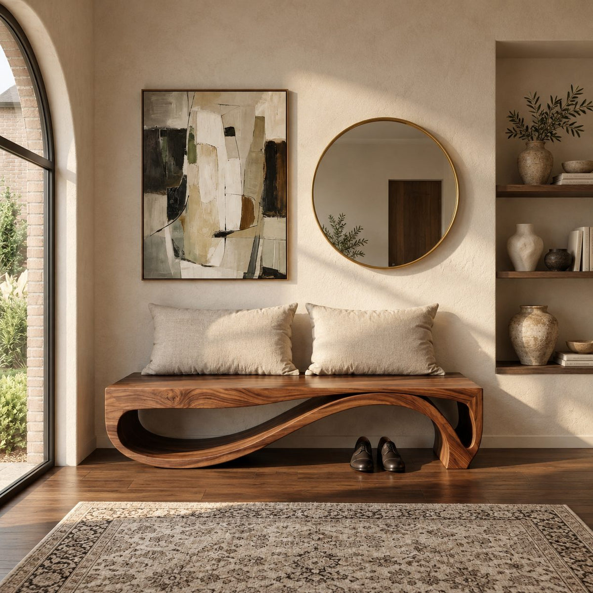 Rolling Wave Ribbon Base Bench, Sculptural Solid Wood Entryway Bench with Undulating Lower Rail