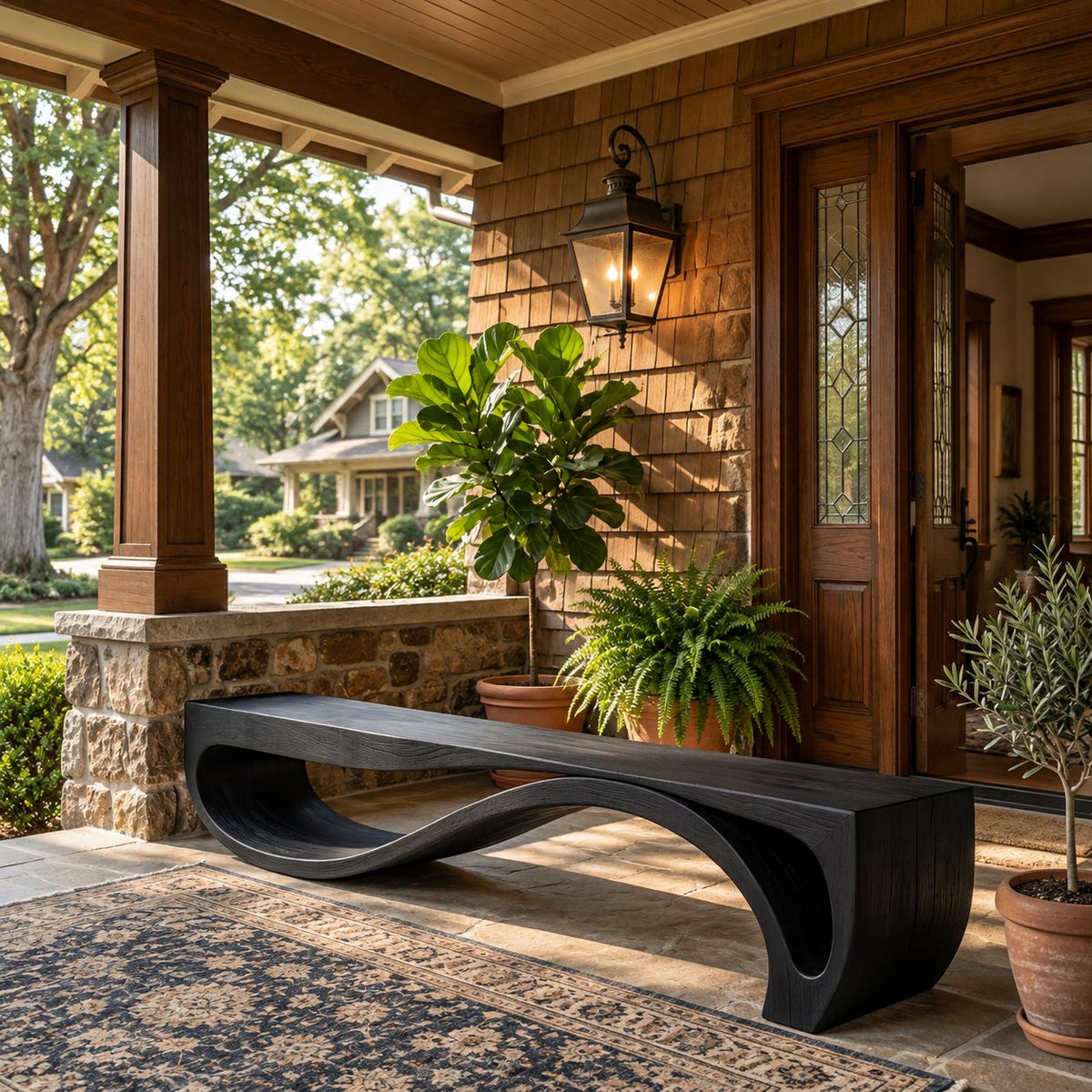 Rolling Wave Ribbon Base Bench, Sculptural Solid Wood Entryway Bench with Undulating Lower Rail