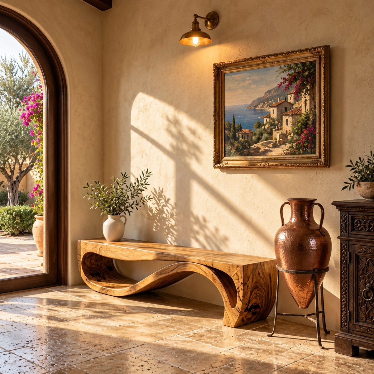 Rolling Wave Ribbon Base Bench, Sculptural Solid Wood Entryway Bench with Undulating Lower Rail