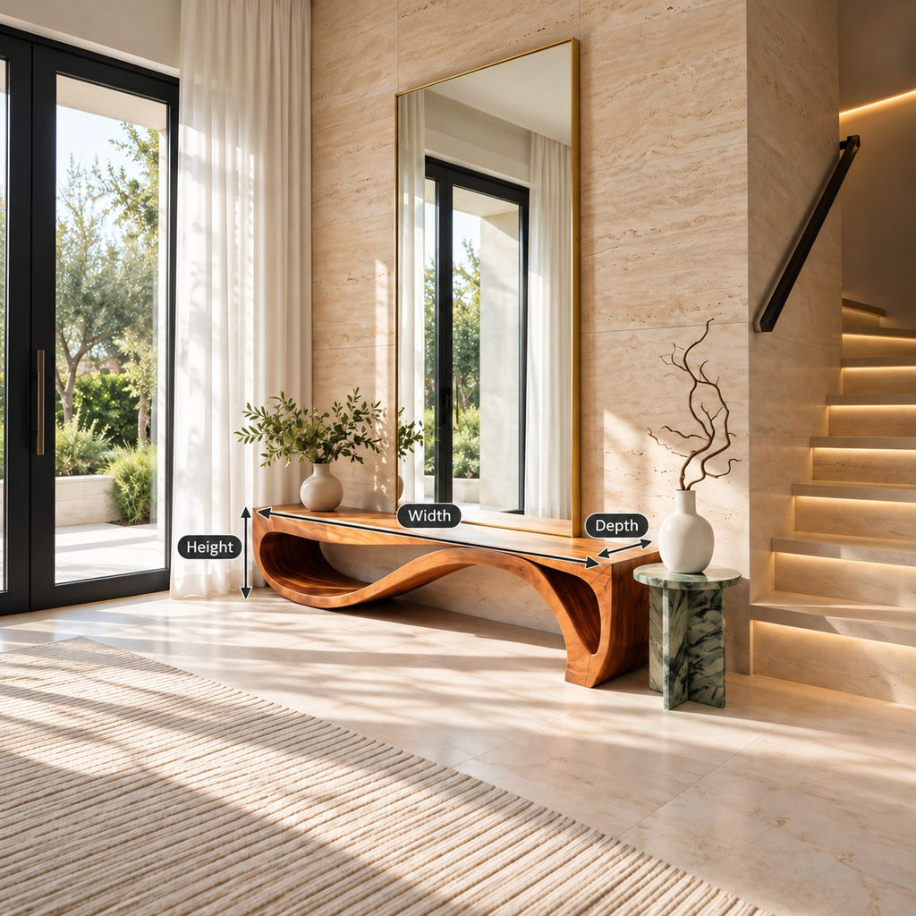 Rolling Wave Ribbon Base Bench, Sculptural Solid Wood Entryway Bench with Undulating Lower Rail