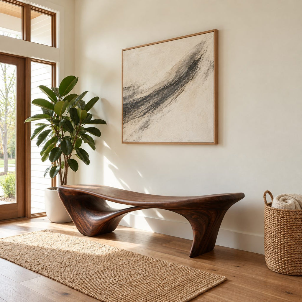 Flared Leg Organic Sculptural Bench, Modern Solid Wood Entryway and Bedroom Bench with Hollow Arch