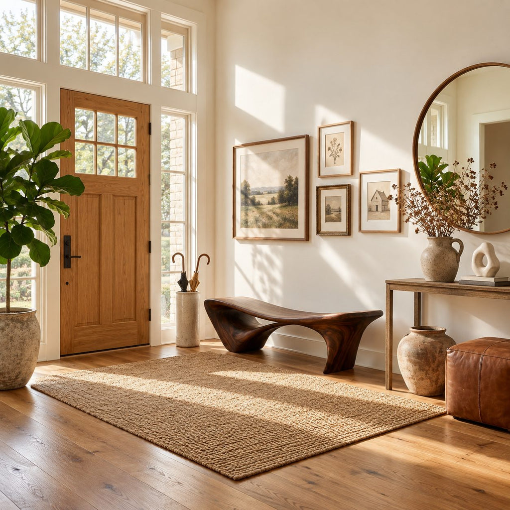 Flared Leg Organic Sculptural Bench, Modern Solid Wood Entryway and Bedroom Bench with Hollow Arch