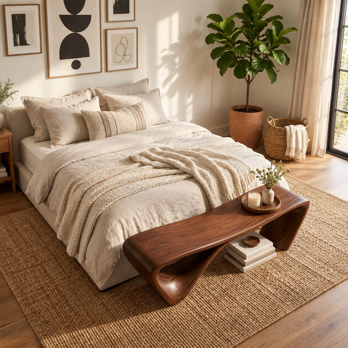 Flared Leg Organic Sculptural Bench, Modern Solid Wood Entryway and Bedroom Bench with Hollow Arch