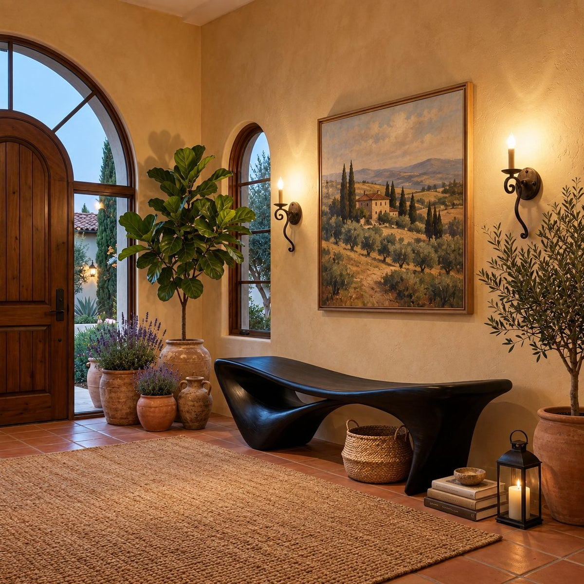 Flared Leg Organic Sculptural Bench, Modern Solid Wood Entryway and Bedroom Bench with Hollow Arch