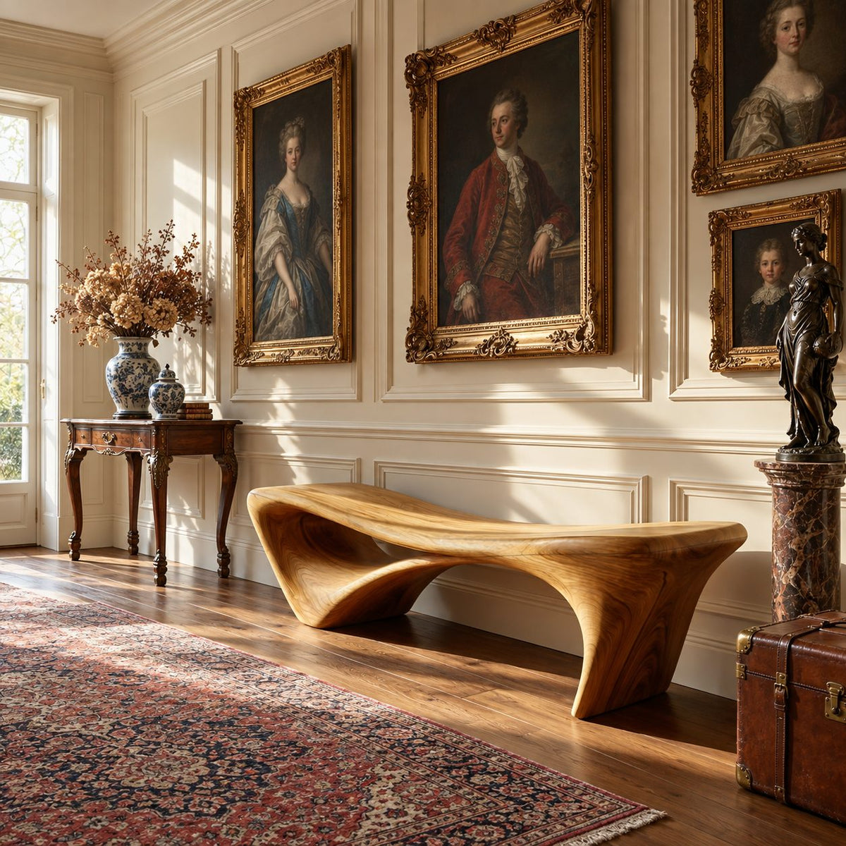 Flared Leg Organic Sculptural Bench, Modern Solid Wood Entryway and Bedroom Bench with Hollow Arch