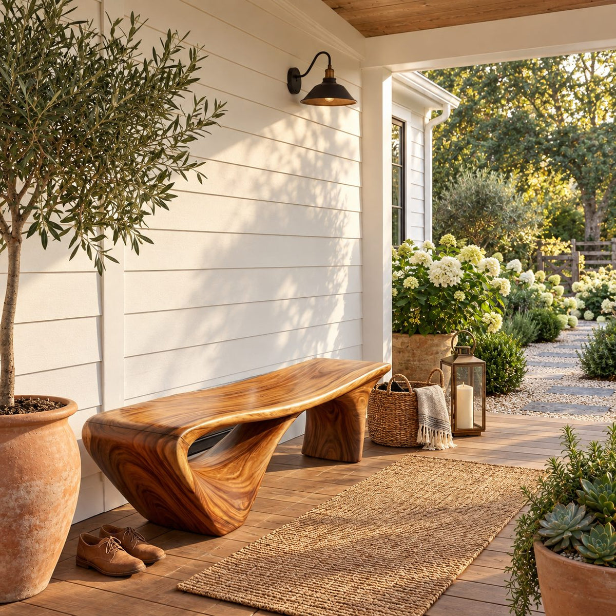 Flared Leg Organic Sculptural Bench, Modern Solid Wood Entryway and Bedroom Bench with Hollow Arch